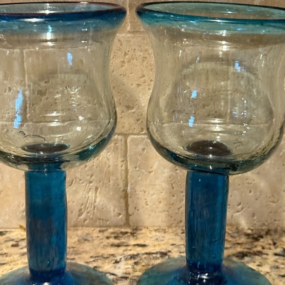 Mexico Hand-Blown Wine or Water Goblet Pair in Cobalt / Ocean Blue. Very Unique - Picture 1 of 4